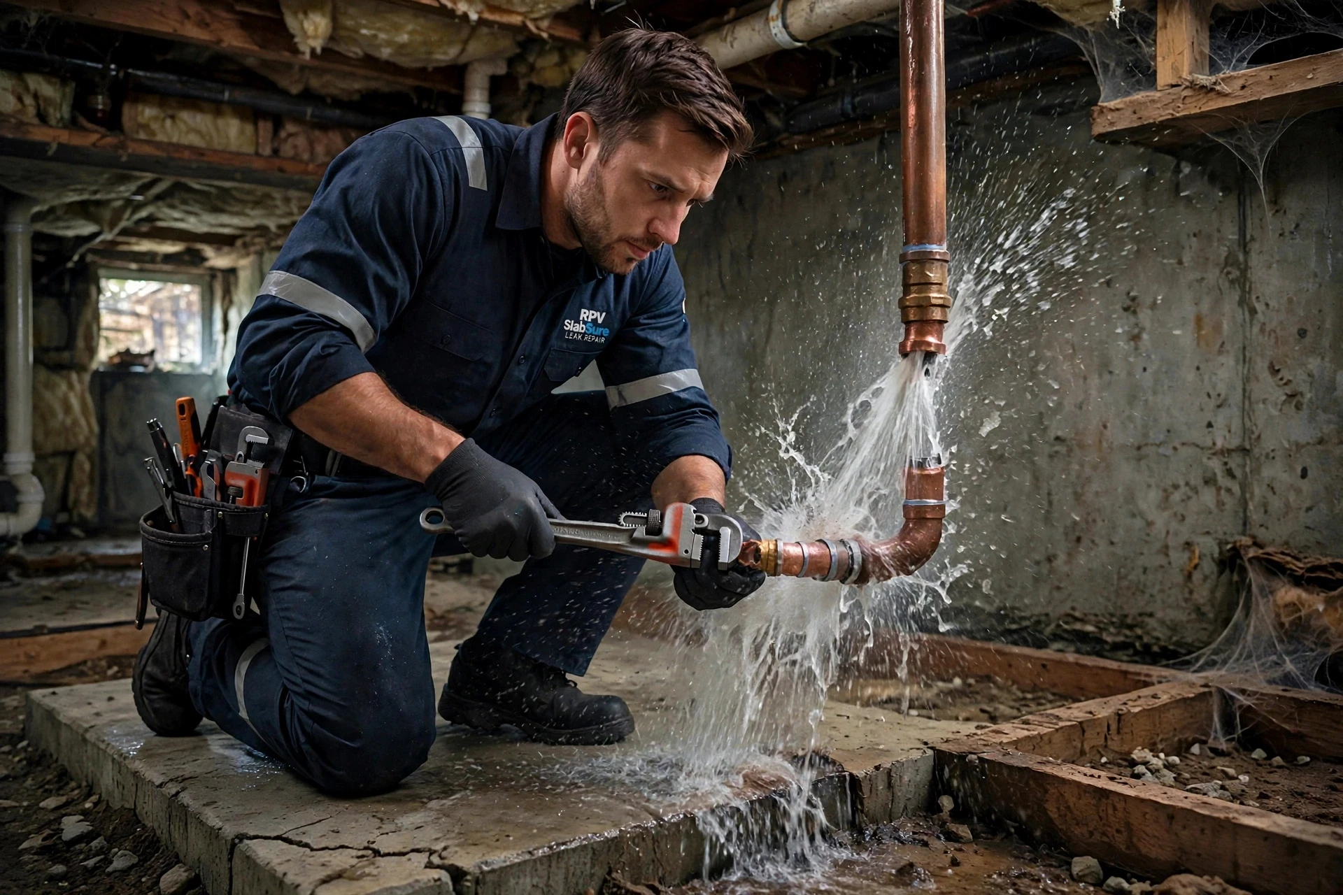 Plumber stopping an active pipe leak with a wrench during emergency slab leak repair in Rancho Palos Verdes, CA