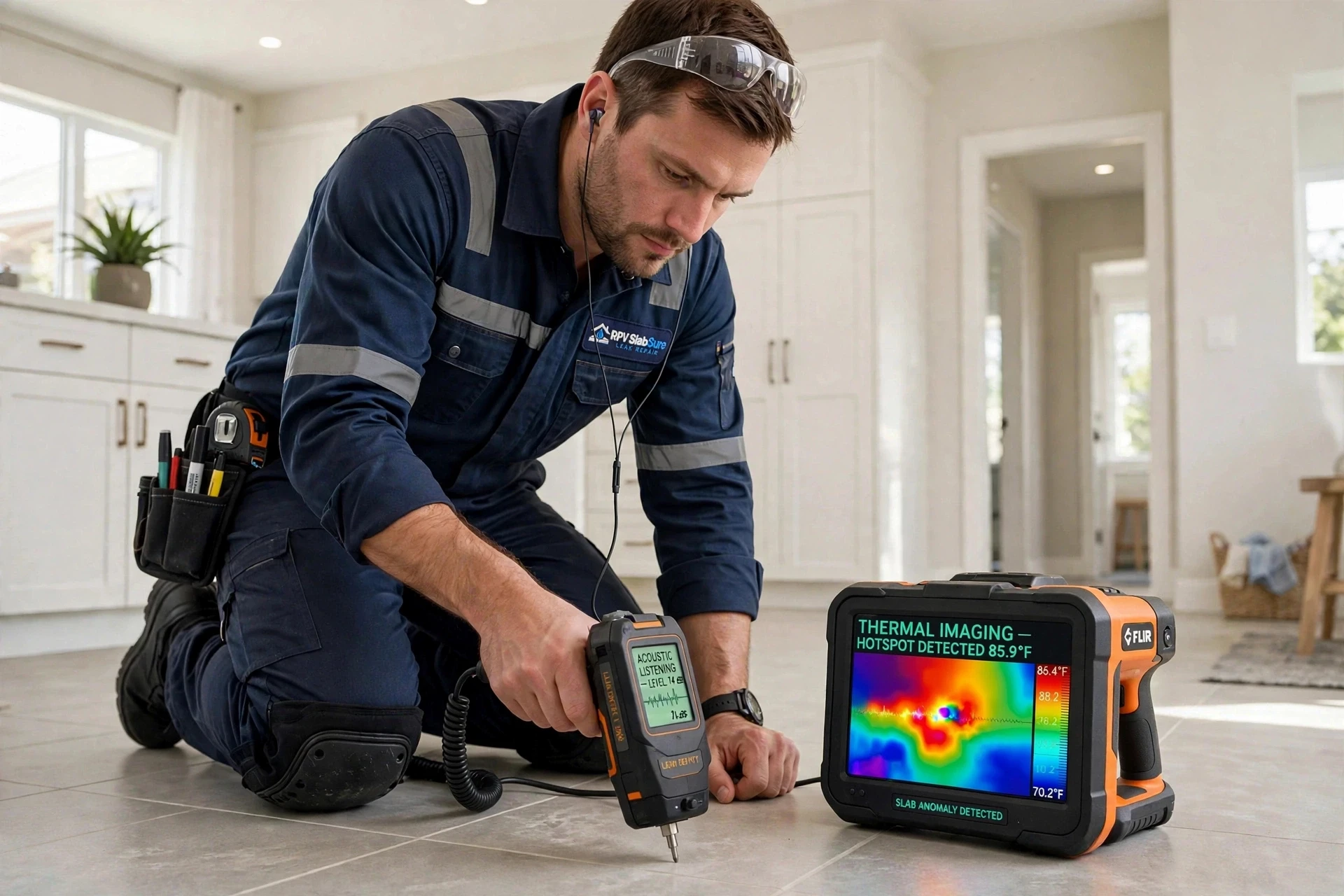 Technician performing electronic slab leak detection with an acoustic listening device and thermal imaging camera in a Rancho Palos Verdes, CA home
