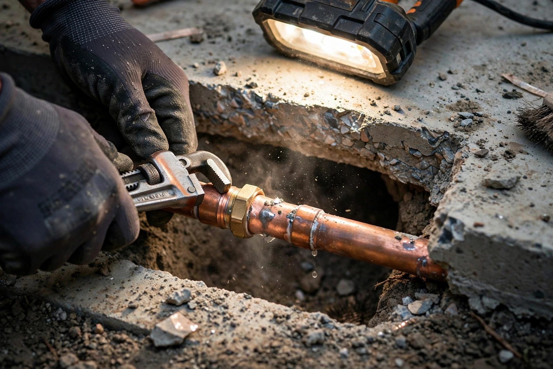 Plumber repairing a copper water pipe exposed in an opened concrete slab during slab leak repair in Rancho Palos Verdes, CA